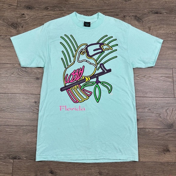 Vintage Toucan Shirt Adult Large Blue Florida Neon Art Vacation Tourist - Picture 1 of 5